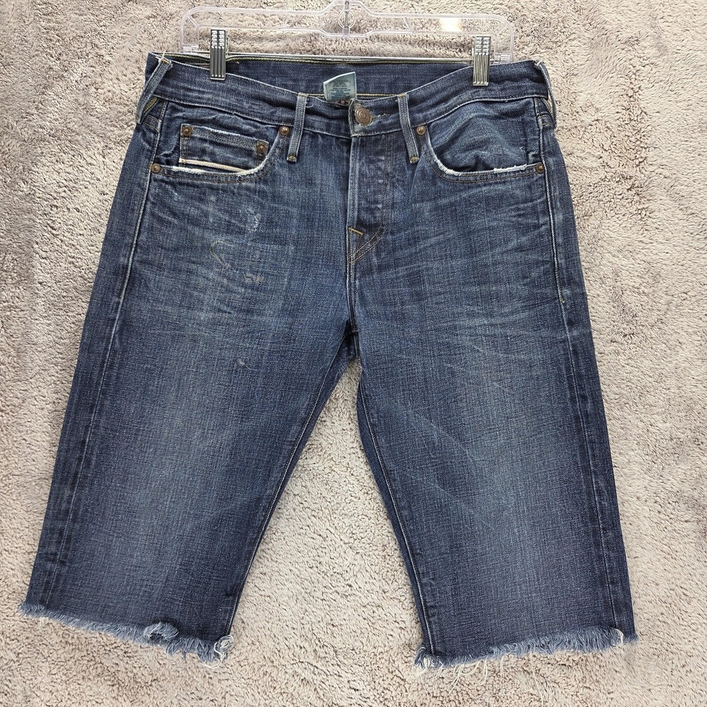 True Religion Shorts Mens 31 Blue Selvedge Raw Hem Whiskers